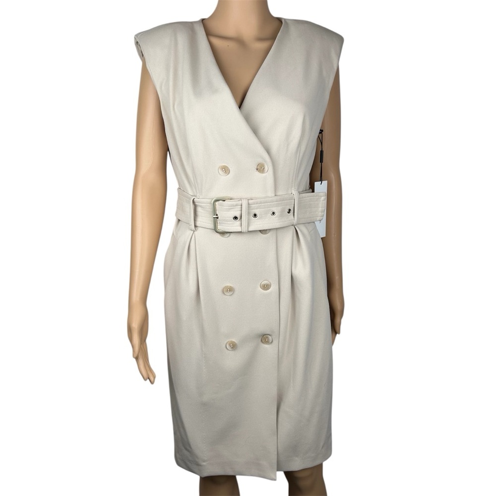 Stylish Calvin Klein Double Breasted Cream Sleeveless Belted Dress Size 10